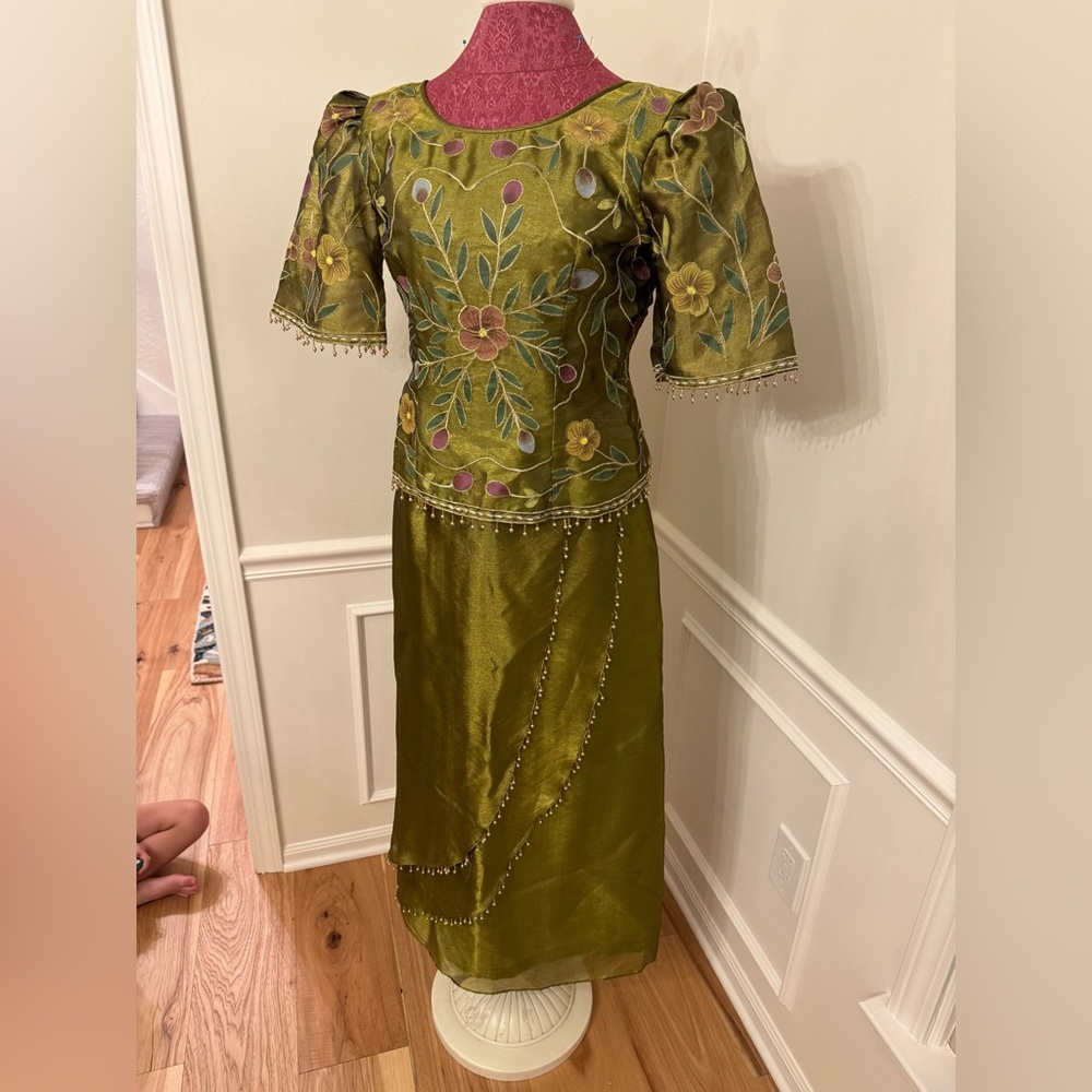Embroidered Green Floral Filipiniana Dress